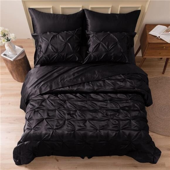 Satin Comforter Queen 8 Pieces -Luxurious Pinch Pleat Bedding Set with Comforter